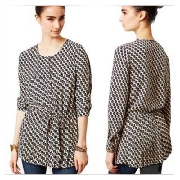 Maeve Tops - Maeve Anthropologie Selva Button Front Dropwaist‎ Bird Print Tunic Top L Peplum